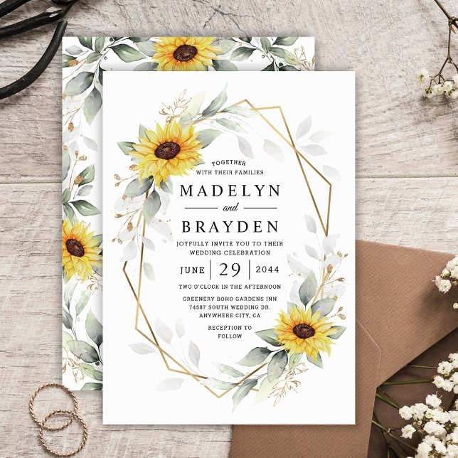 Sunflower Elegant Rustic Geometric Gold Wedding Invitation (Creator Uploaded)