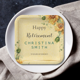 Sunflower Elegant Watercolor Retirement Party Paper Plate
