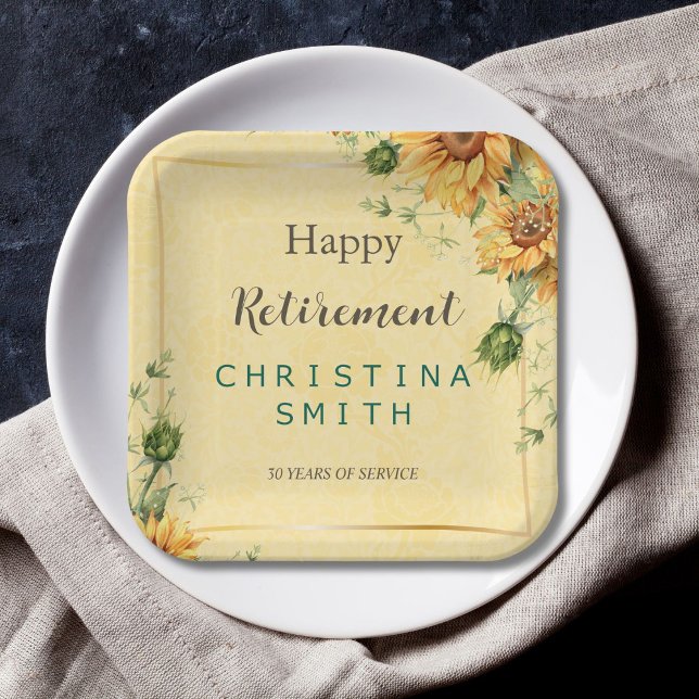 Sunflower Elegant Watercolor Retirement Party Paper Plate (Sunflower Elegant Watercolor Retirement Party Paper Plates)