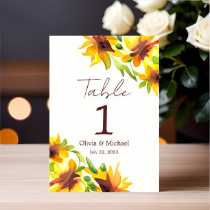 Sunflower Elegant Watercolor Wedding Table Number