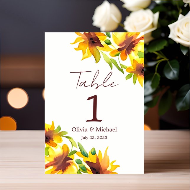 Sunflower Elegant Watercolor Wedding Table Number (Creator Uploaded)