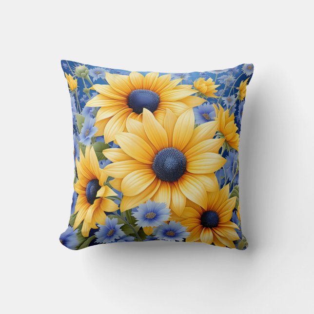 Sunflower Elegant With Soft Blue Wildflowers Cushion (Front)