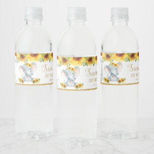 Sunflower Elephant 1st First Birthday Favour Water Bottle Label