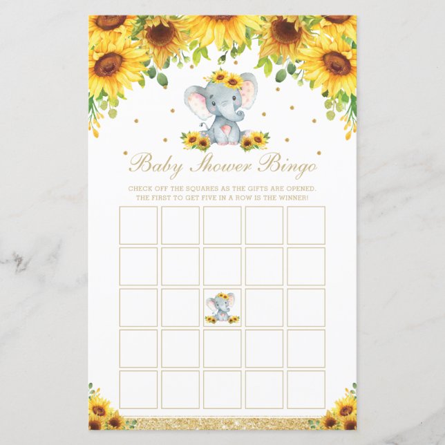 Sunflower Elephant Baby Shower Bingo Game (Front)