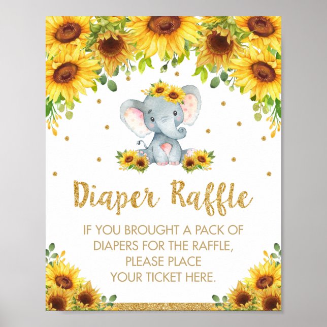 Sunflower Elephant Baby Shower Diaper Raffle Sign (Front)