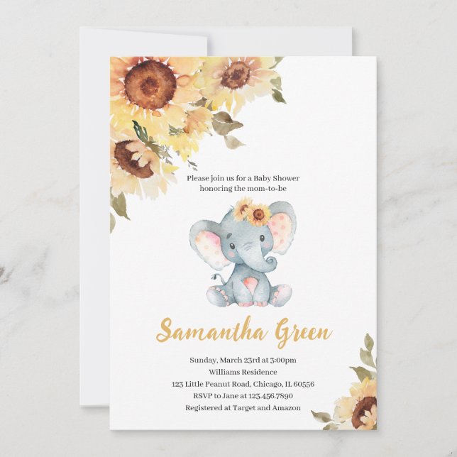 Sunflower Elephant Baby Shower Invitation (Front)