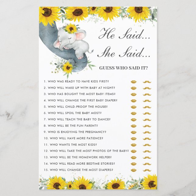 Sunflower Elephant He Said She Said Guessing Game (Front)