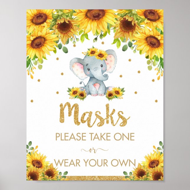 Sunflower Elephant Masks Shower Birthday Sign (Front)