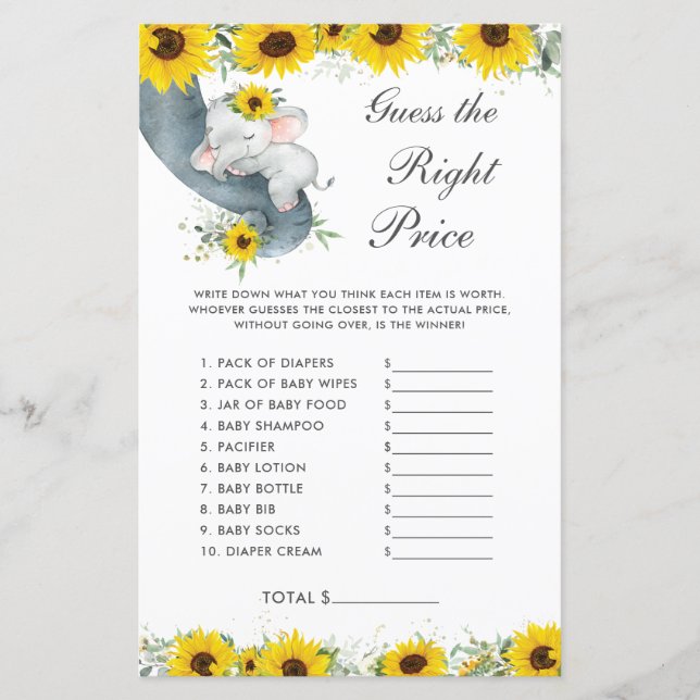 Sunflower Elephant Shower Guess the Right Price  (Front)