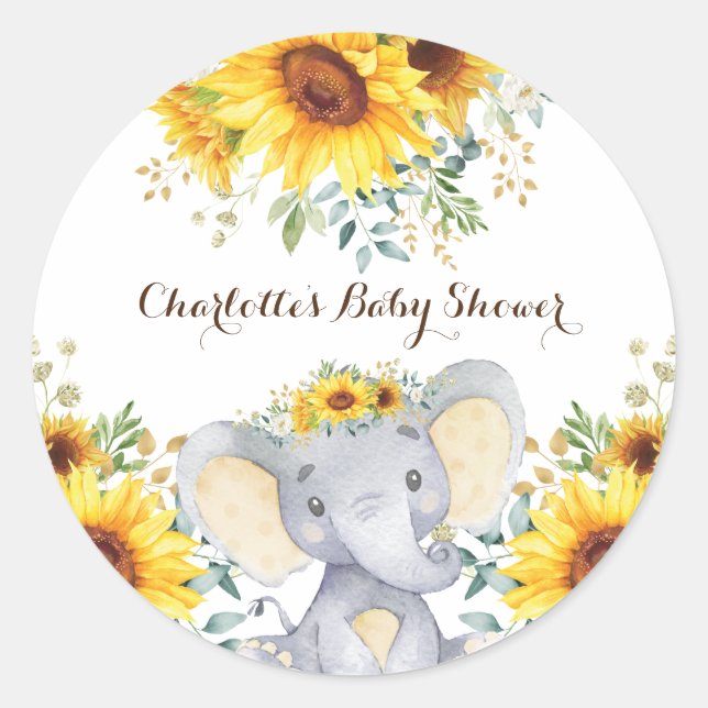 Sunflower Elephant Summer Birthday Baby Shower Classic Round Sticker (Front)