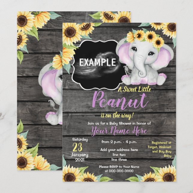 Sunflower Elephant Ultrasound Baby Shower Purple Invitation (Front/Back)