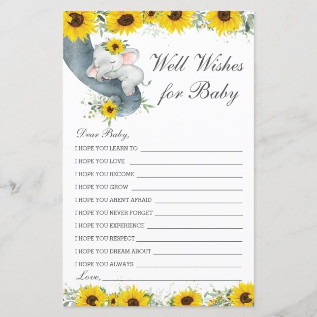 Sunflower Elephant Well Wishes for Baby Message  (Front)