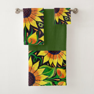 Sunflower Embroidery Mexican Art Bath Towel Set