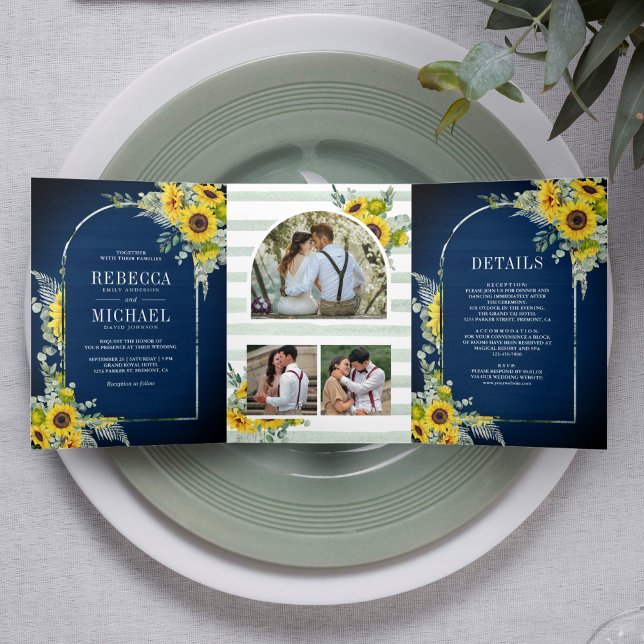 Sunflower Eucalyptus Arch Navy Blue Wood Wedding Tri-Fold Invitation (Creator Uploaded)