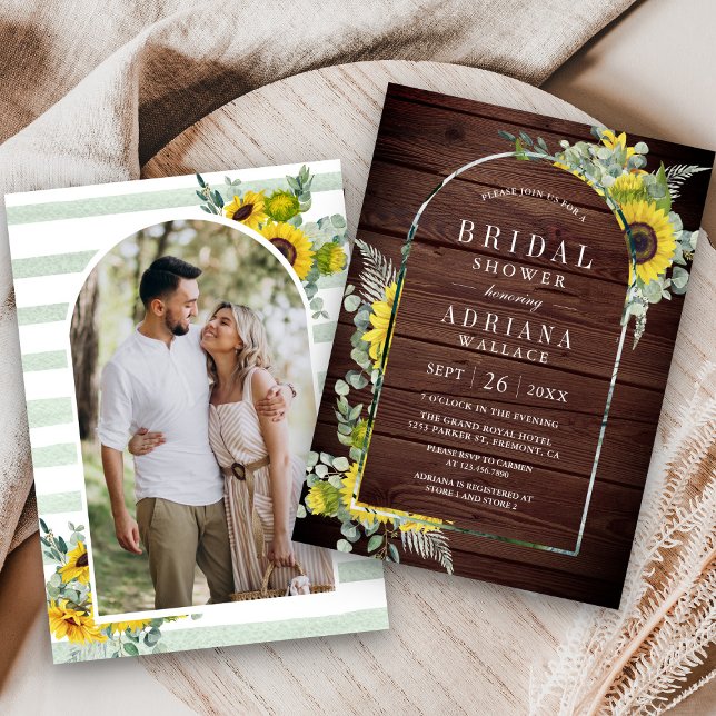 Sunflower Eucalyptus Arch Photo Wood Bridal Shower Invitation (Creator Uploaded)