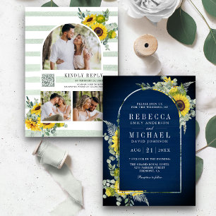 Sunflower Eucalyptus Arch QR Code Navy Wedding Invitation
