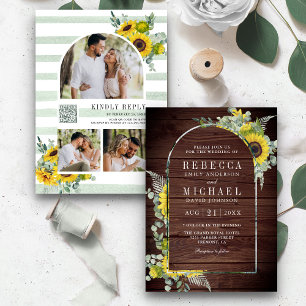 Sunflower Eucalyptus Arch QR Code Wood Wedding Invitation