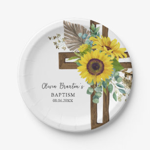 Sunflower & Eucalyptus Boho Baptism Paper Plate
