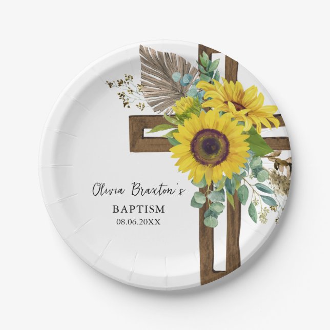 Sunflower & Eucalyptus Boho Baptism Paper Plate (Front)