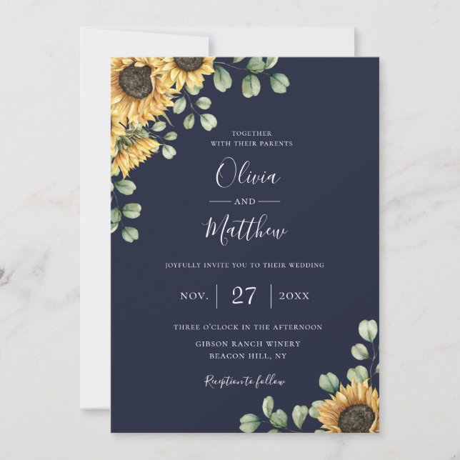 Sunflower Eucalyptus Botanical Navy Blue Wedding Invitation (Front)