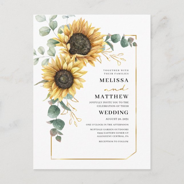 Sunflower Eucalyptus Botanical Wedding Invitation Postcard (Front)