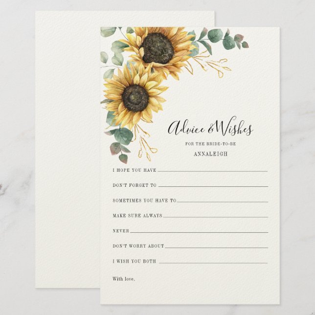Sunflower Eucalyptus Bridal Shower Advice Card (Front/Back)