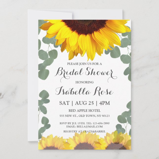 Sunflower Eucalyptus Bridal Shower Invitations (Front)