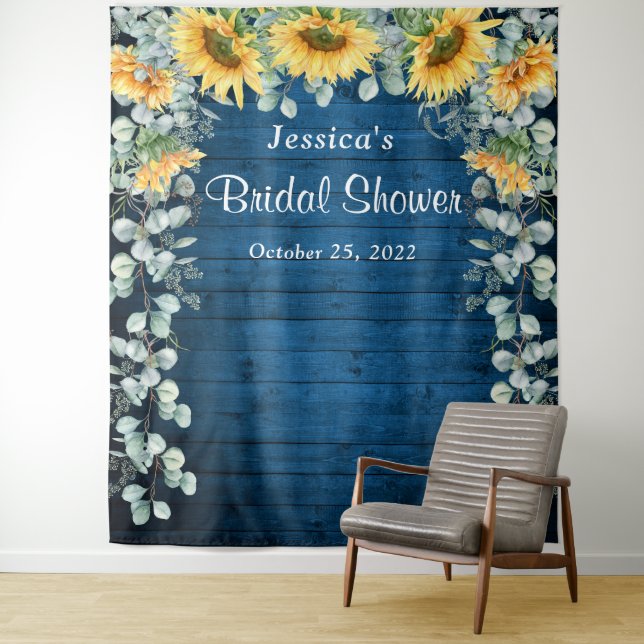 Sunflower Eucalyptus Bridal Shower Photo Backdrop Tapestry (In Situ)
