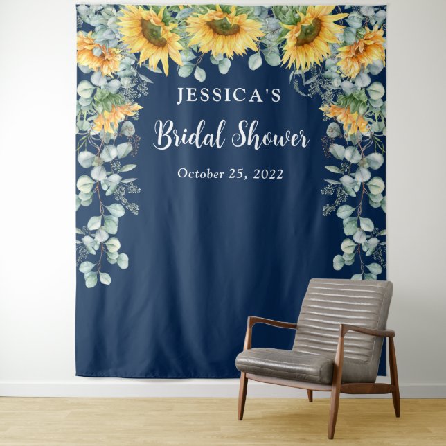 Sunflower Eucalyptus Bridal Shower Photo Backdrop Tapestry (In Situ)