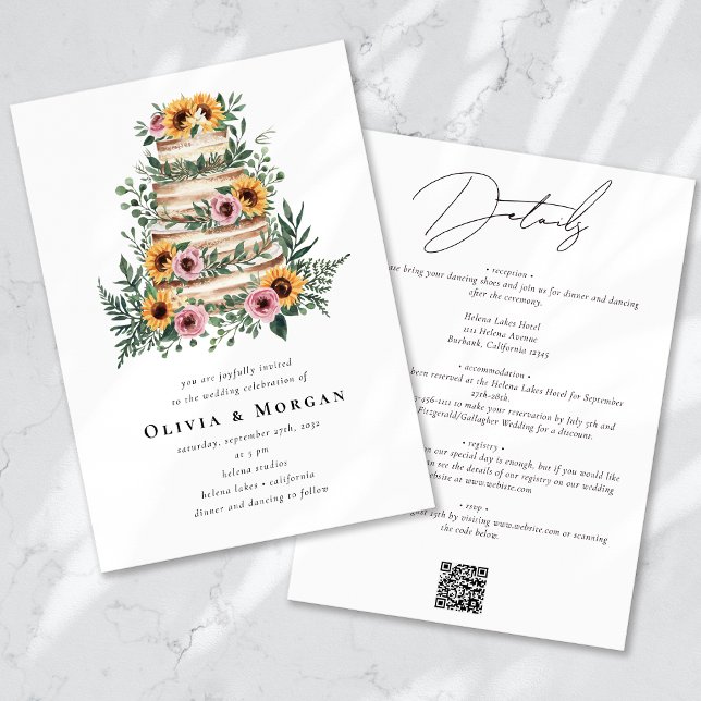 Sunflower Eucalyptus Cake QR Code Wedding Invitation (Creator Uploaded)