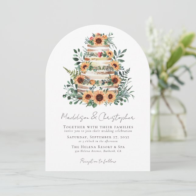 Sunflower Eucalyptus Cake Wedding Invitation (Standing Front)