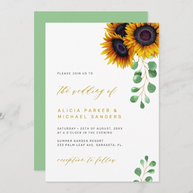 Sunflower eucalyptus elegant rustic wedding invitation (Front/Back)