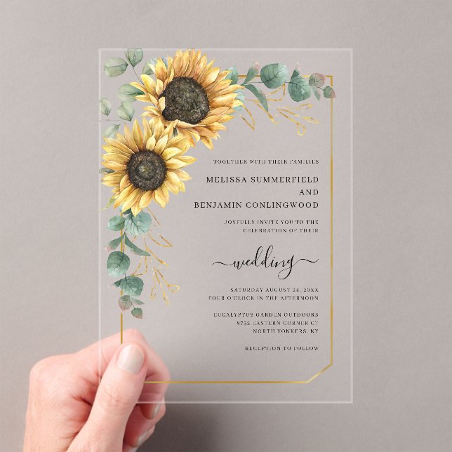 Sunflower Eucalyptus Elegant Wedding Acrylic Invitations (Insitu (Handheld))