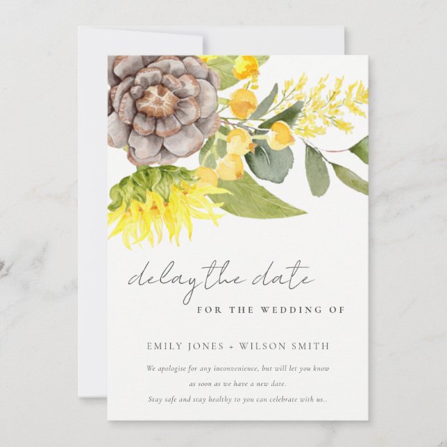 SUNFLOWER EUCALYPTUS  FLORA WEDDING DELAY THE DATE INVITATION (Front)