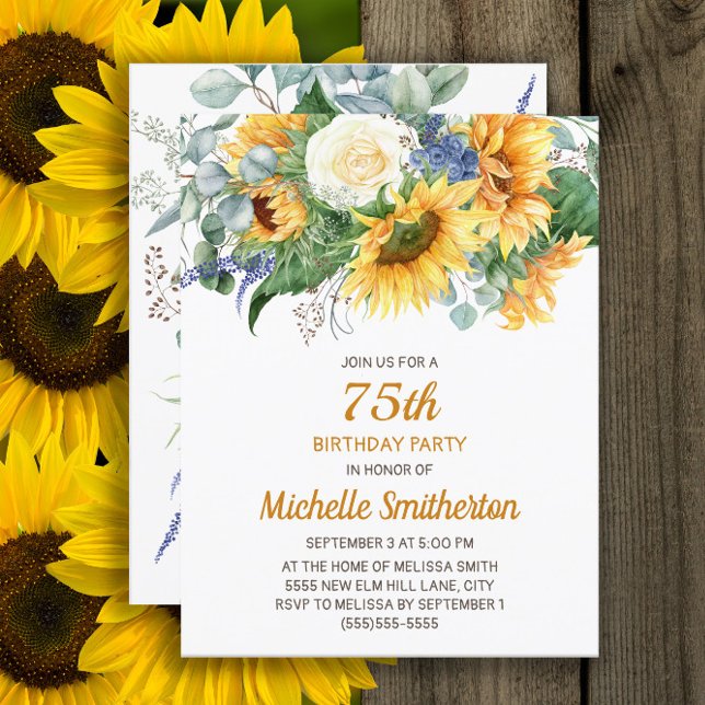 Sunflower Eucalyptus Floral 75th Birthday Card (Sunflowers and eucalyptus 75th birthday party invitation, customized with your text)