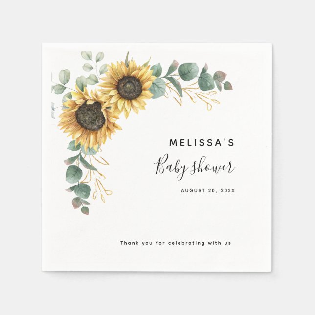 Sunflower Eucalyptus Floral Baby Shower Napkin (Front)