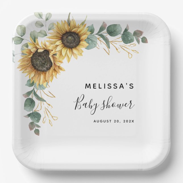 Sunflower Eucalyptus Floral Baby Shower Paper Plate (Front)
