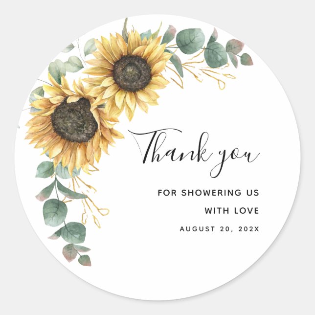 Sunflower Eucalyptus Floral Baby Shower Thank You Classic Round Sticker (Front)