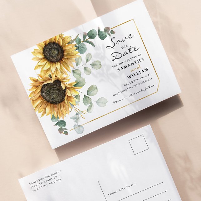 Sunflower Eucalyptus Floral Botanical Save The Dat Announcement Postcard (Creator Uploaded)