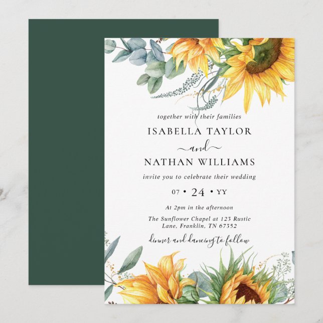 Sunflower Eucalyptus Floral Botanical Wedding Invitation (Front/Back)