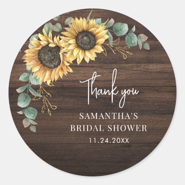 Sunflower Eucalyptus Floral Bridal Shower Rustic Classic Round Sticker (Front)