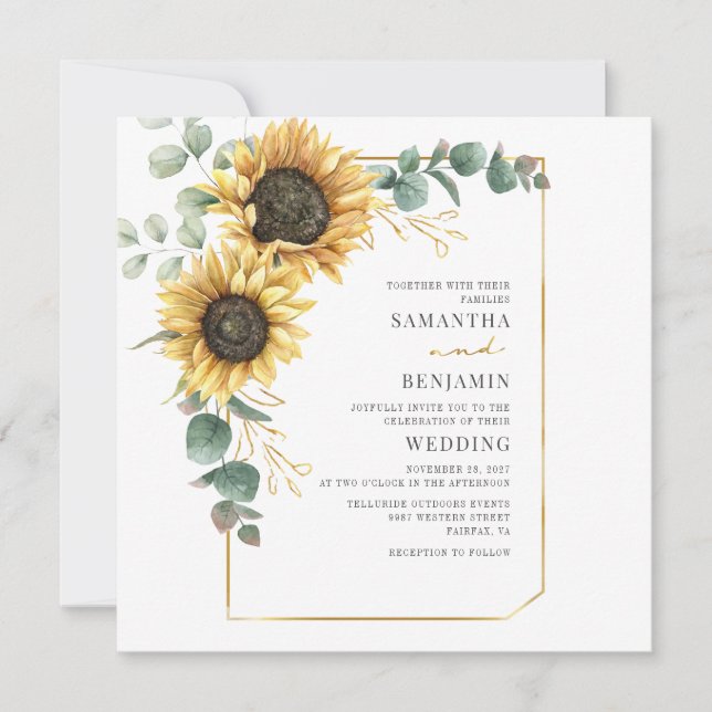 Sunflower Eucalyptus Floral Greenery Wedding Invitation (Front)