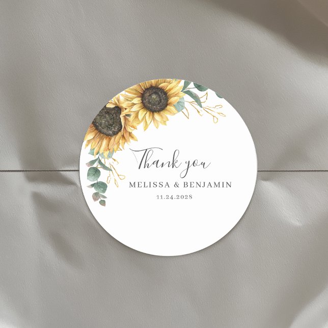 Sunflower Eucalyptus Floral Thank You Favour Classic Round Sticker (Floral Sunflower Eucalyptus Script Wedding Envelope Seals Round Sticker)