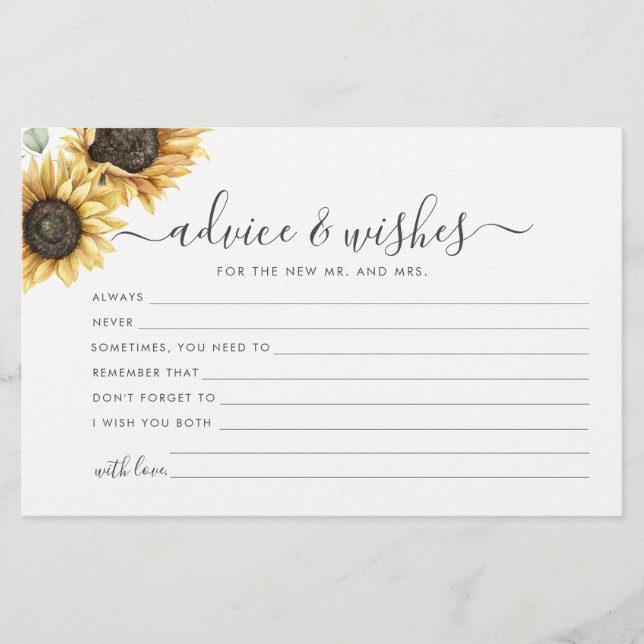 Sunflower Eucalyptus Floral Wedding Advice Card (Front)