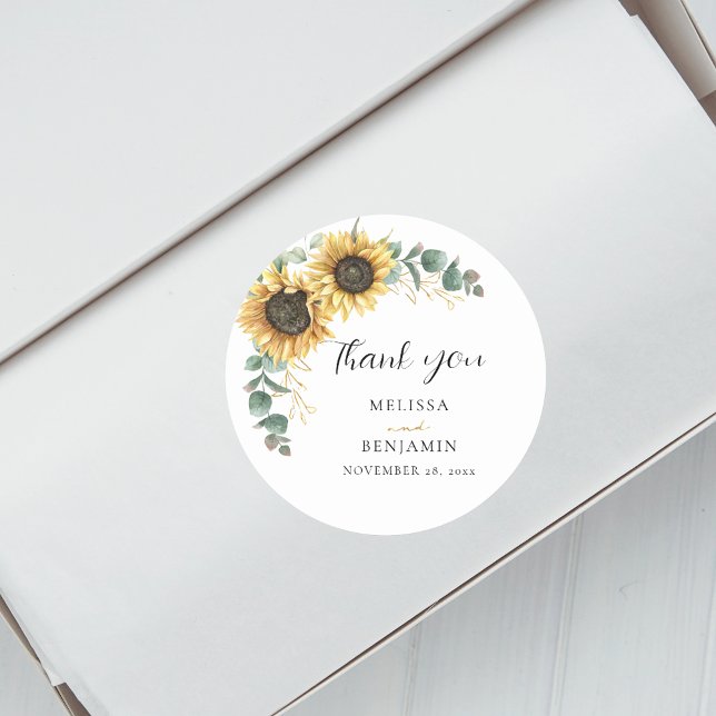 Sunflower Eucalyptus Floral Wedding Favour Classic Round Sticker (Sunflower Eucalyptus Greenery Thank You Round Sticker)