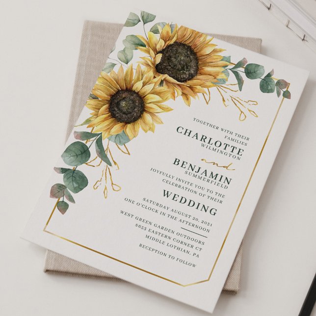 Sunflower Eucalyptus Floral Wedding Invitation (Sunflower Eucalyptus Greenery Bloom Modern Wedding Invitation)