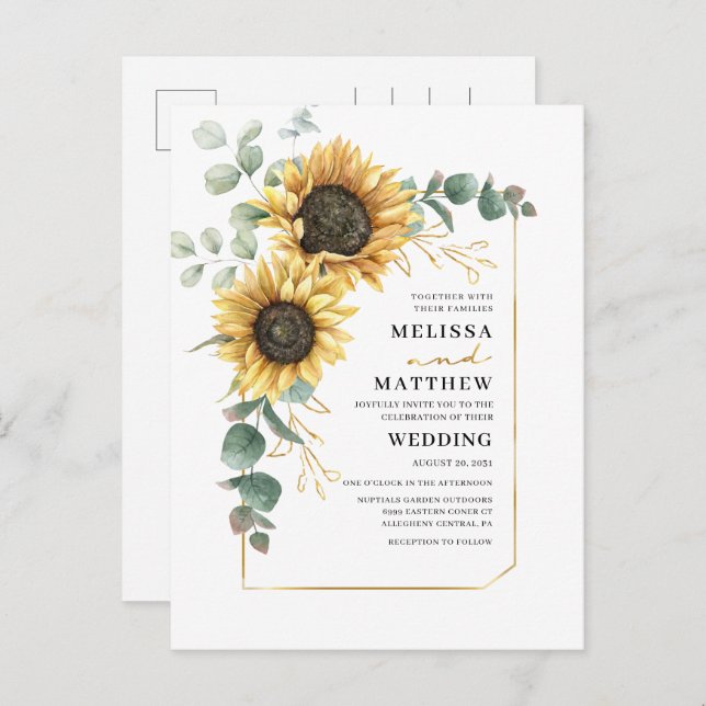 Sunflower Eucalyptus Floral Wedding Invitation Postcard (Front/Back)