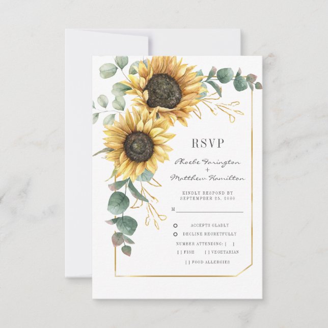Sunflower Eucalyptus Floral Wedding RSVP Card (Front)