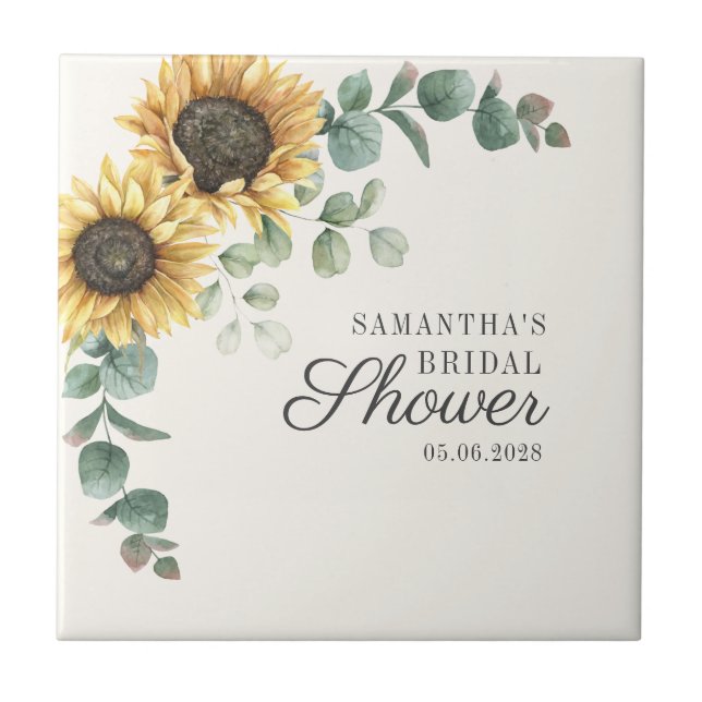 Sunflower Eucalyptus Foliage Script Bridal Shower Tile (Front)