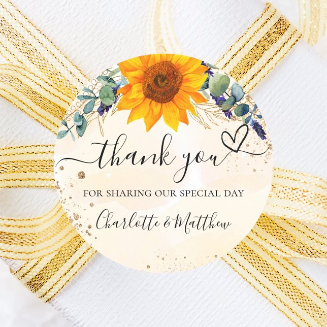 Sunflower eucalyptus glitter thank you wedding classic round sticker (Creator Uploaded)